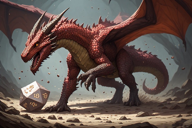 An illustrated red dragon looming over a giant twenty-sided die.