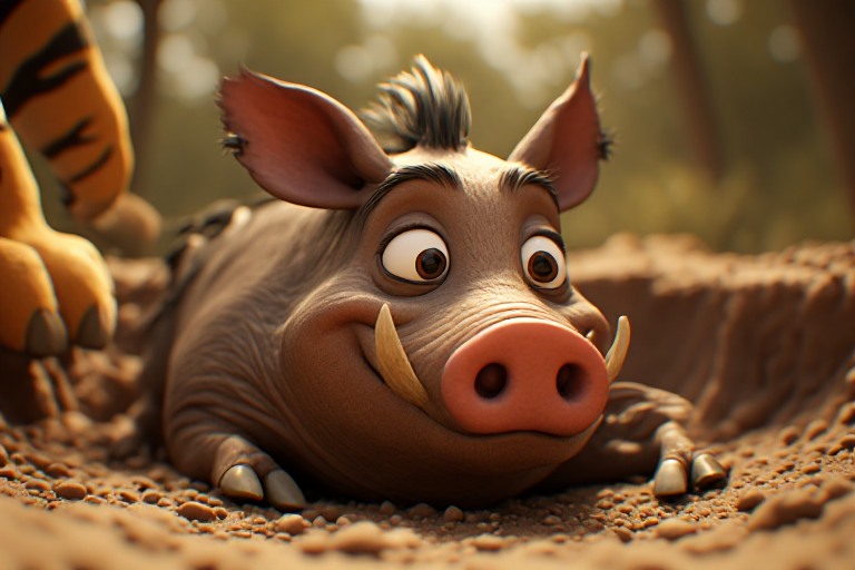 A cartoon warthog peers nervously out of its pit at dawn while a tiger's paw reaches in from above.